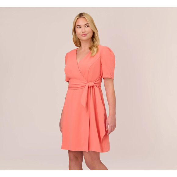 Adrianna Papell Womens Wrap Dress Size 16 Peach Blossom Crepe Tie-Front A-Line - Picture 1 of 10